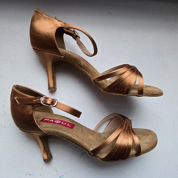 PAOUL Rolling Tan Satin Latin Dance Shoes - Euro 36.5 - US Size 6 - Italian Made - Picture 2 of 5